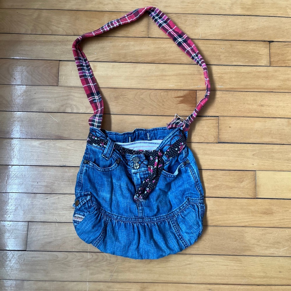 Diesel Denim Division Blue Jean Shoulder Bag Plaid Strap Ruffle Y2K Vintage